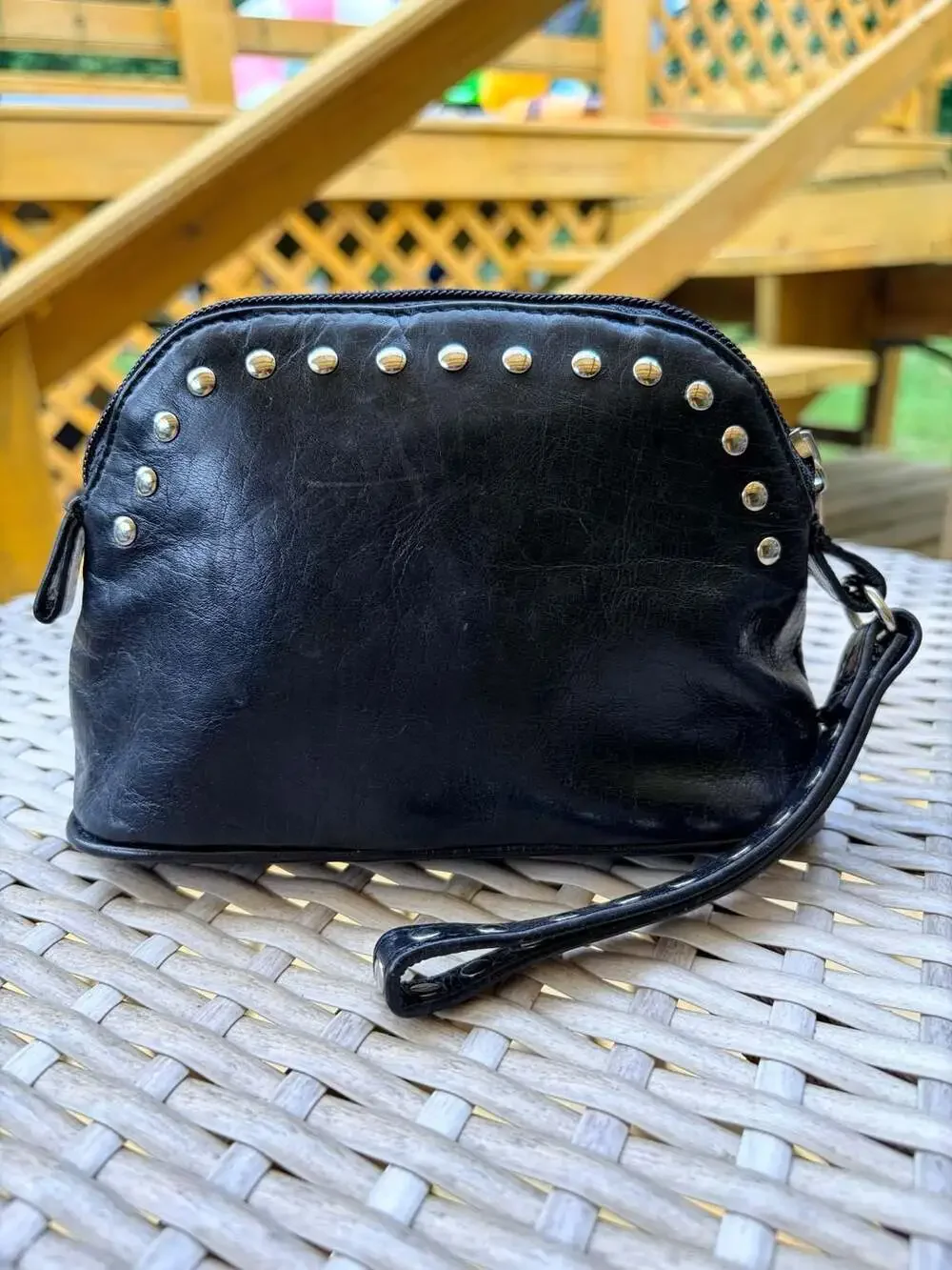 WCM Italian Leather Black Studded Wristlet Cosmetic Pouch